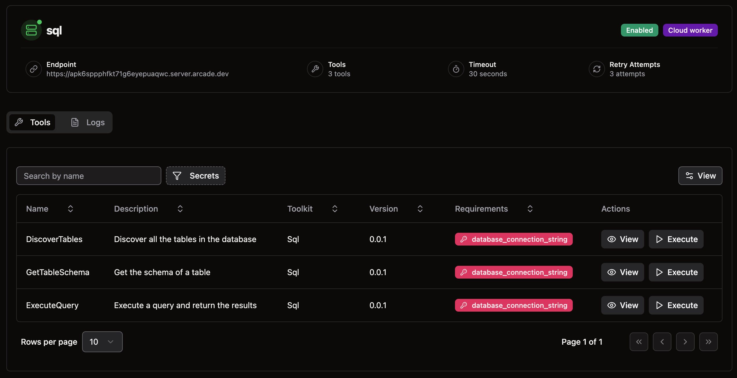 An image showing how the Arcade UI displays that our new SQL tools require a secret now